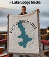 West Okoboji Lake Iowa blanket with a teal lake outline on a cream background.