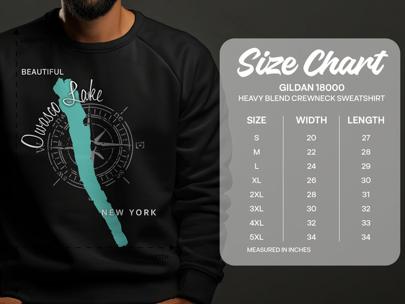 Gildan 18000 sweatshirt size chart with Owasco Lake graphic.