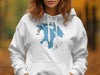 White hoodie with blue "Lake Huron Michigan" map graphic with compass rose