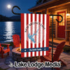 Garden flag with red and white stripes, "New Melones Lake" and "The Smith Family".