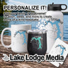 White mug, black tumbler, and white water bottle personalized with Lake Lotawana map graphics.