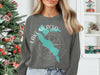 Lake Merced California graphic on a grey sweatshirt with a compass rose design.