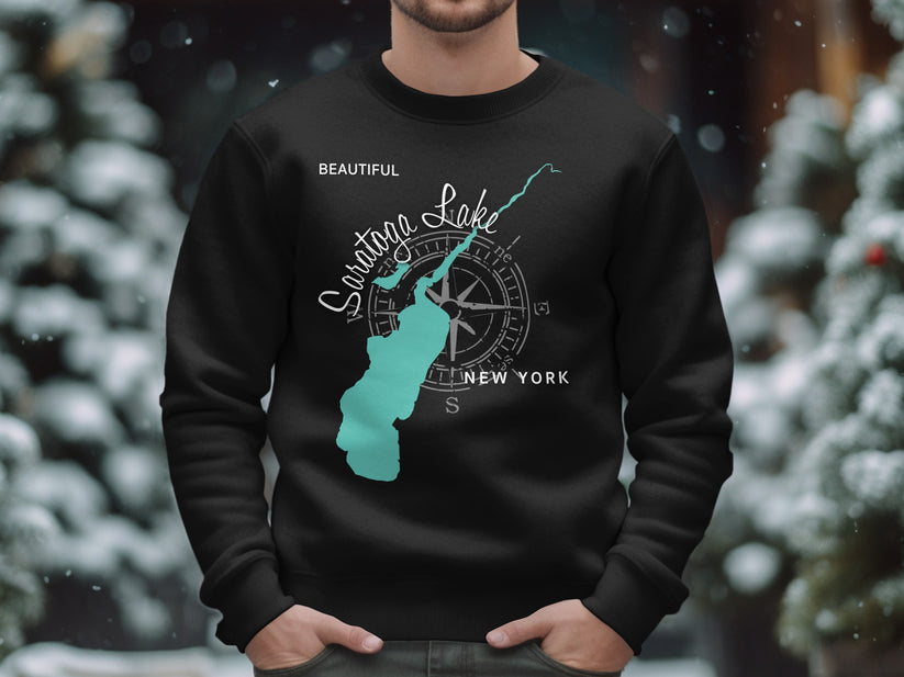 Black sweatshirt with Saratoga Lake map and compass on chest.