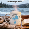 White mug with "Big Chapman Lake Indiana" and lake outline on window sill.