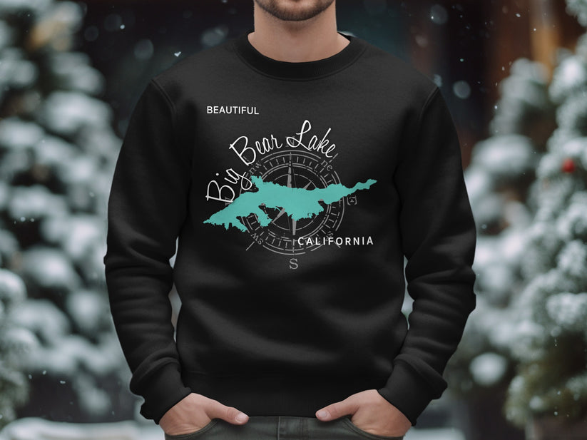 Black sweatshirt featuring a turquoise map of Big Bear Lake, California with compass rose.