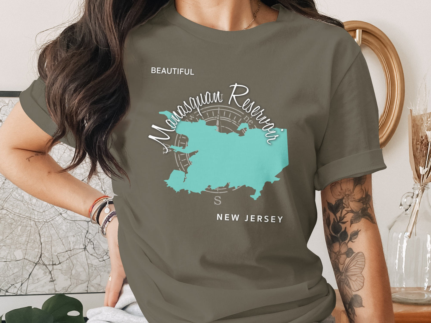 T-shirt with teal Manasquan Reservoir map and compass rose.