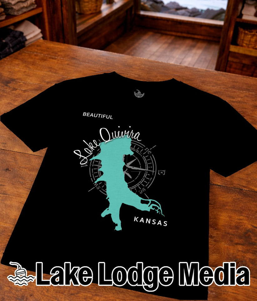Black t-shirt with "Beautiful Lake Quivira Kansas" map design.