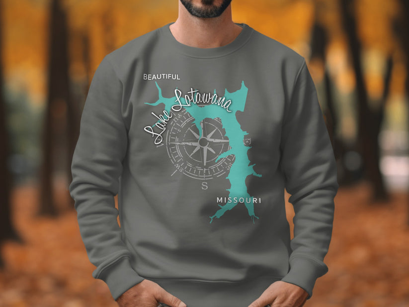 Grey sweatshirt with Lake Lotawana map graphic and compass rose.