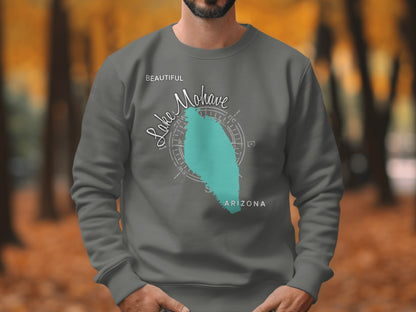 Crewneck sweatshirt featuring a teal Lake Mohave map with compass graphic.