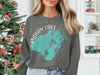 Gray sweatshirt with Indian Lake map design and compass rose.