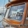 "Hyco Life" sticker on a boat's window, with "Lake Lodge Media" text.