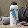 White water bottle with "WINNIPEG" and blue lake map graphic.
