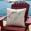 Pillow with Key Largo map design and compass on a red Adirondack chair.