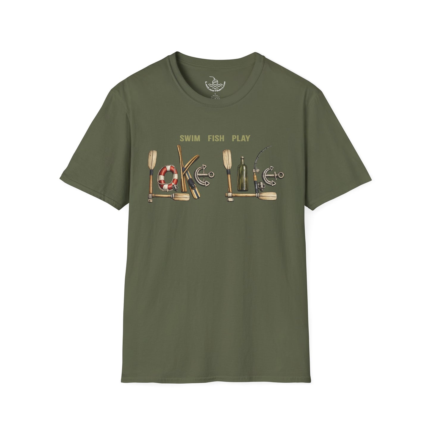 Lake Life T-Shirt | Boat Oars Life Preserver Anchor Letters Rustic Design | Fishing Water Skiing Gift Tee