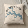 Pillow with a blue map of Lake D'Arbonne and compass, Louisiana text.