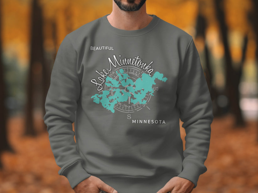 Gray sweatshirt with a blue Lake Minnetonka map and compass rose graphic.