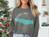 Oneida Lake New York graphic on gray sweatshirt with compass rose design.