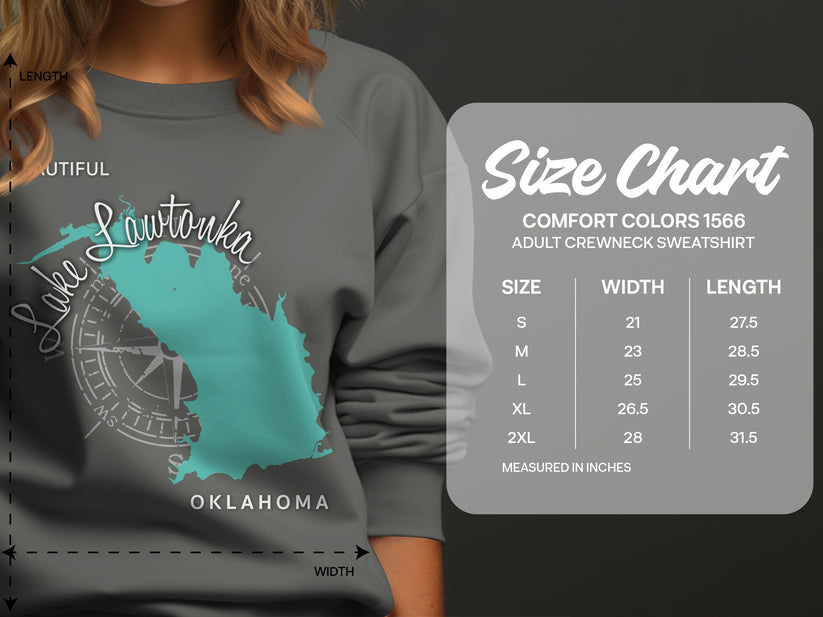 Lake Lawtonka Oklahoma graphic on sweatshirt with size chart.
