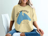Yellow t-shirt with Lake Manawa Iowa map graphic and compass design.