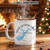 White mug with "Your Custom Lake" design, steam, and splash.