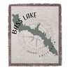 Woven blanket featuring a map outline of Bass Lake, California with a compass rose.