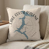 Pillow with Lake Coeur d'Alene map and "IDAHO" text on textured fabric.