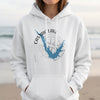 White hoodie with Castaic Lake California map and compass graphic.
