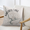 Mitchell Lake Alabama map design on a textured pillow with compass rose.