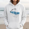 White hoodie with Oneida Lake map and compass graphic, New York text.