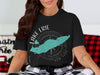 Black t-shirt featuring a teal outline of Lake Erie superimposed on a compass rose.