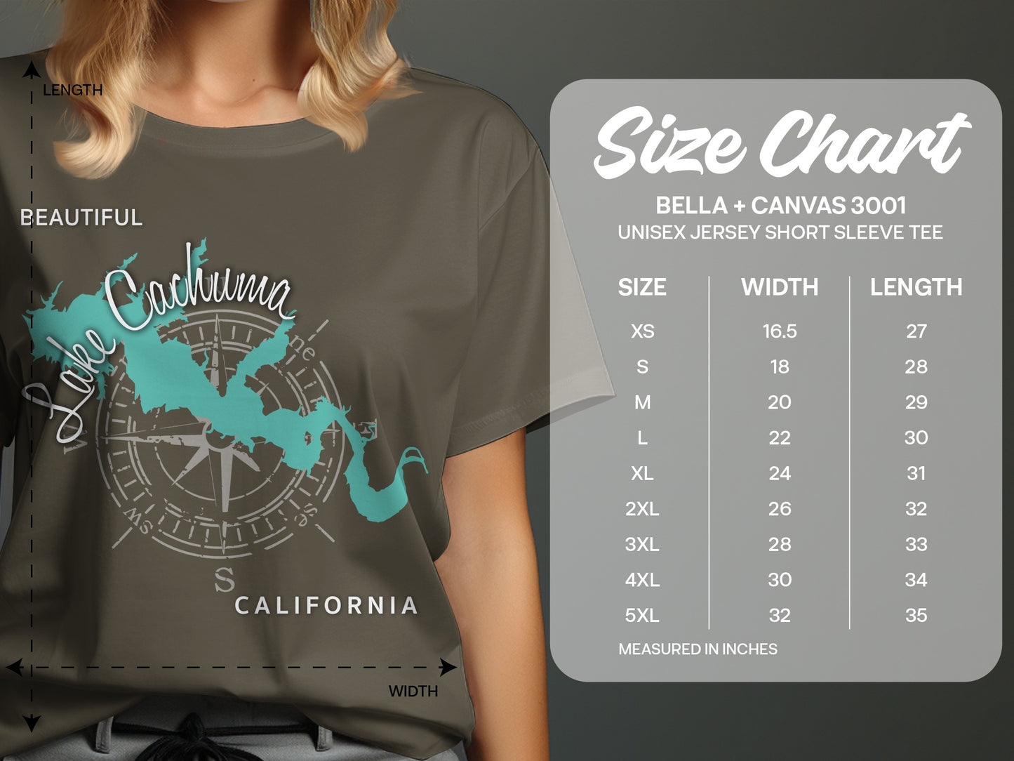 Bella + Canvas 3001 unisex tee size chart with measurements in inches.