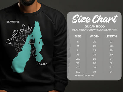 Payette Lake Idaho graphic on a black crewneck sweatshirt size chart.