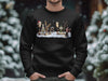 Black sweatshirt with a snowy winter fishing scene and candy canes design.