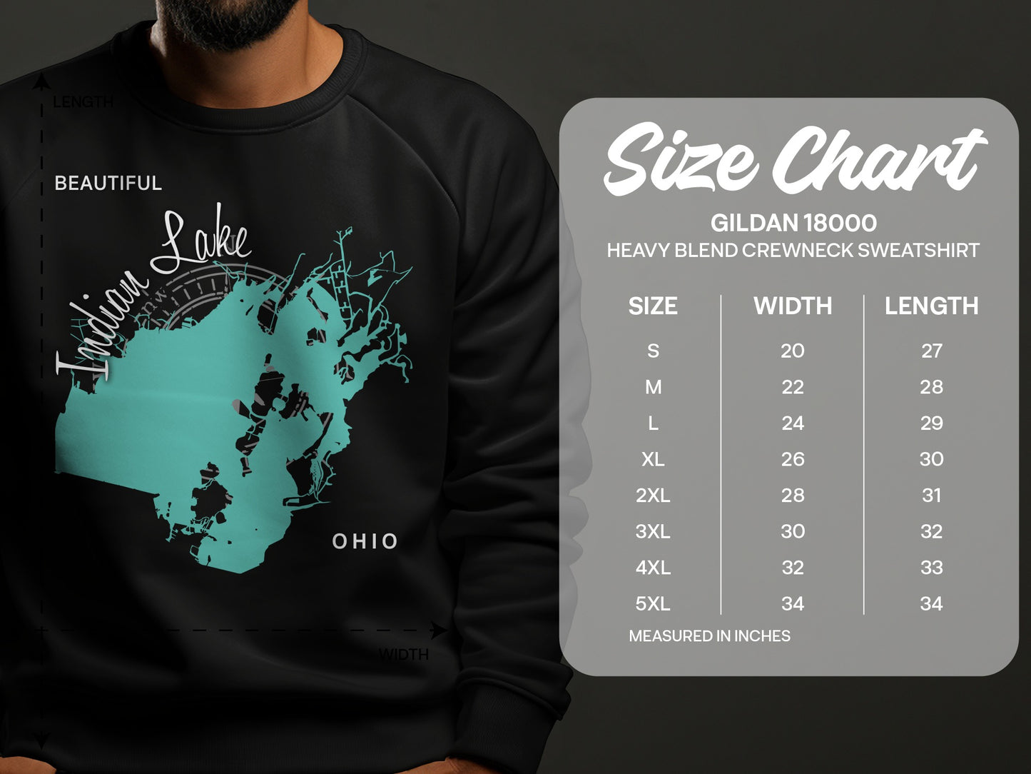 Size chart for Gildan 18000 sweatshirt with Indian Lake Ohio graphic.