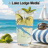 Glass of lime drink with ice, mint, and compass graphic on beach background.