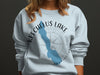 Light blue sweatshirt with the blue outline of Keechelus Lake, Washington and compass graphic.