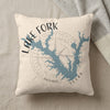 Light colored pillow with Lake Fork Texas map and compass graphic.