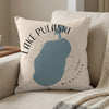 Pillow with blue Lake Pulaski map and text, situated on a couch.