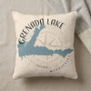 Grenada Lake Mississippi map design on cream textured pillow with compass graphic.