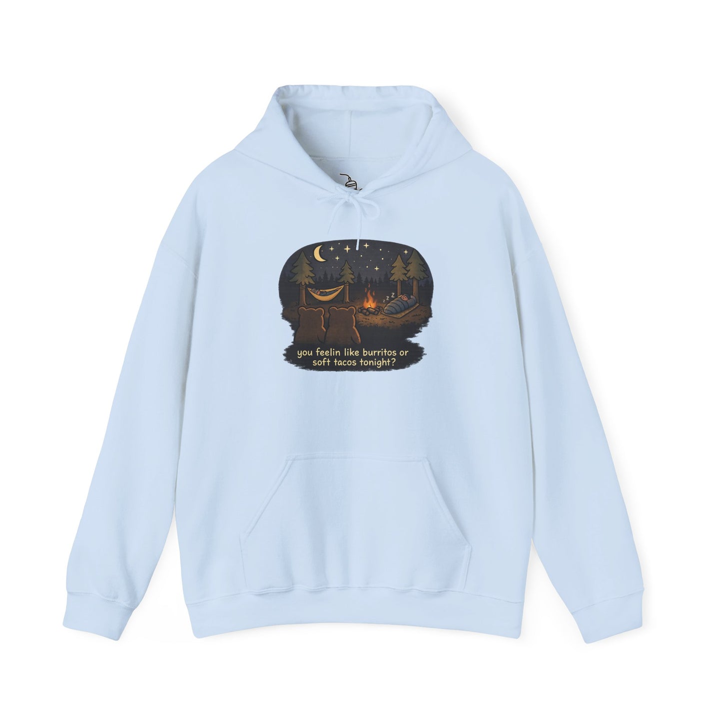 Campfire Bears Humor Hoodie, People in Sleeping Bags are Bear Burritos and Tacos Joke, Camping Hiking Smores Bonfire Apparel