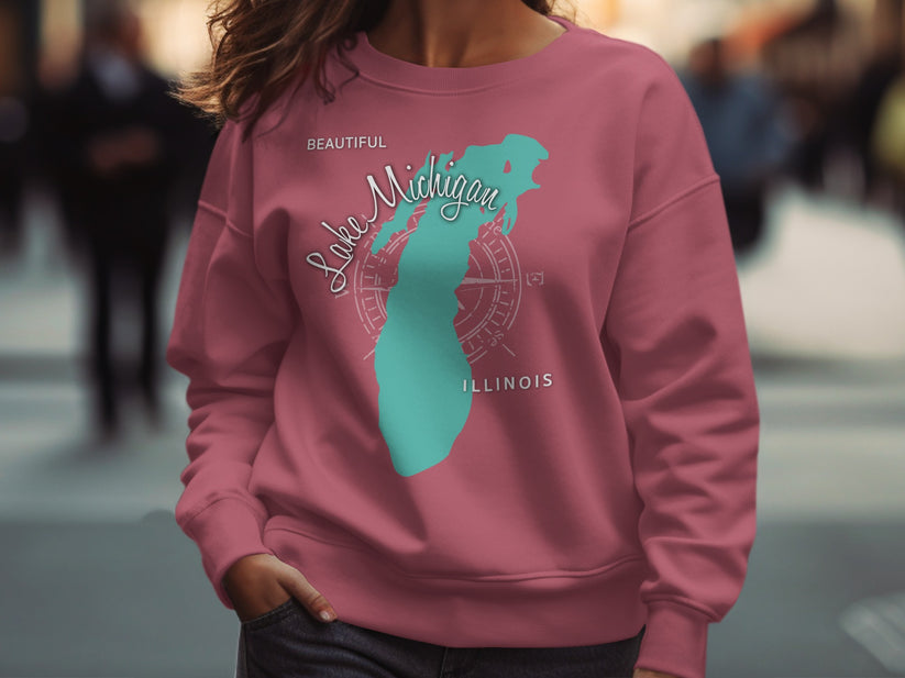 Crewneck sweatshirt with "Lake Michigan" and outline graphic.