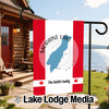 Garden flag with Moraine Lake map, compass, and "The Smith Family" text.