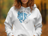White hoodie with blue Big Sandy Lake Minnesota graphic and compass rose.