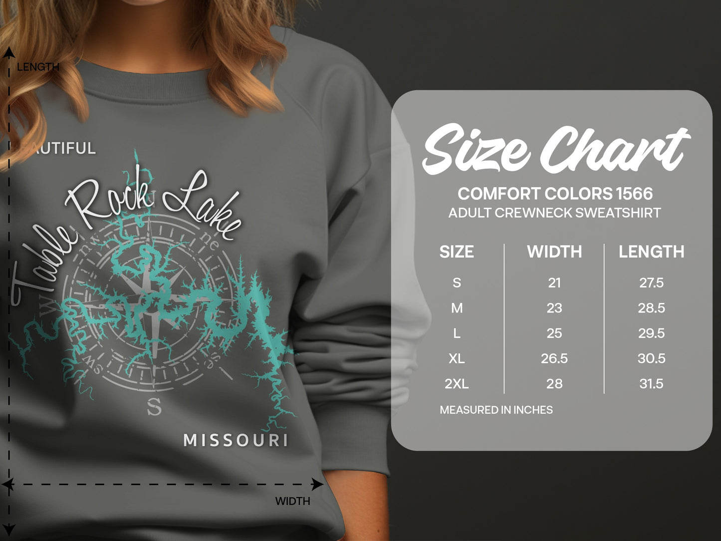 Comfort Colors 1566 adult crewneck sweatshirt size chart.