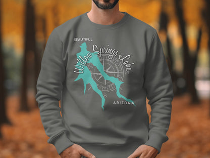 Grey sweatshirt with "Beautiful Willow Springs Lake Arizona" map design.