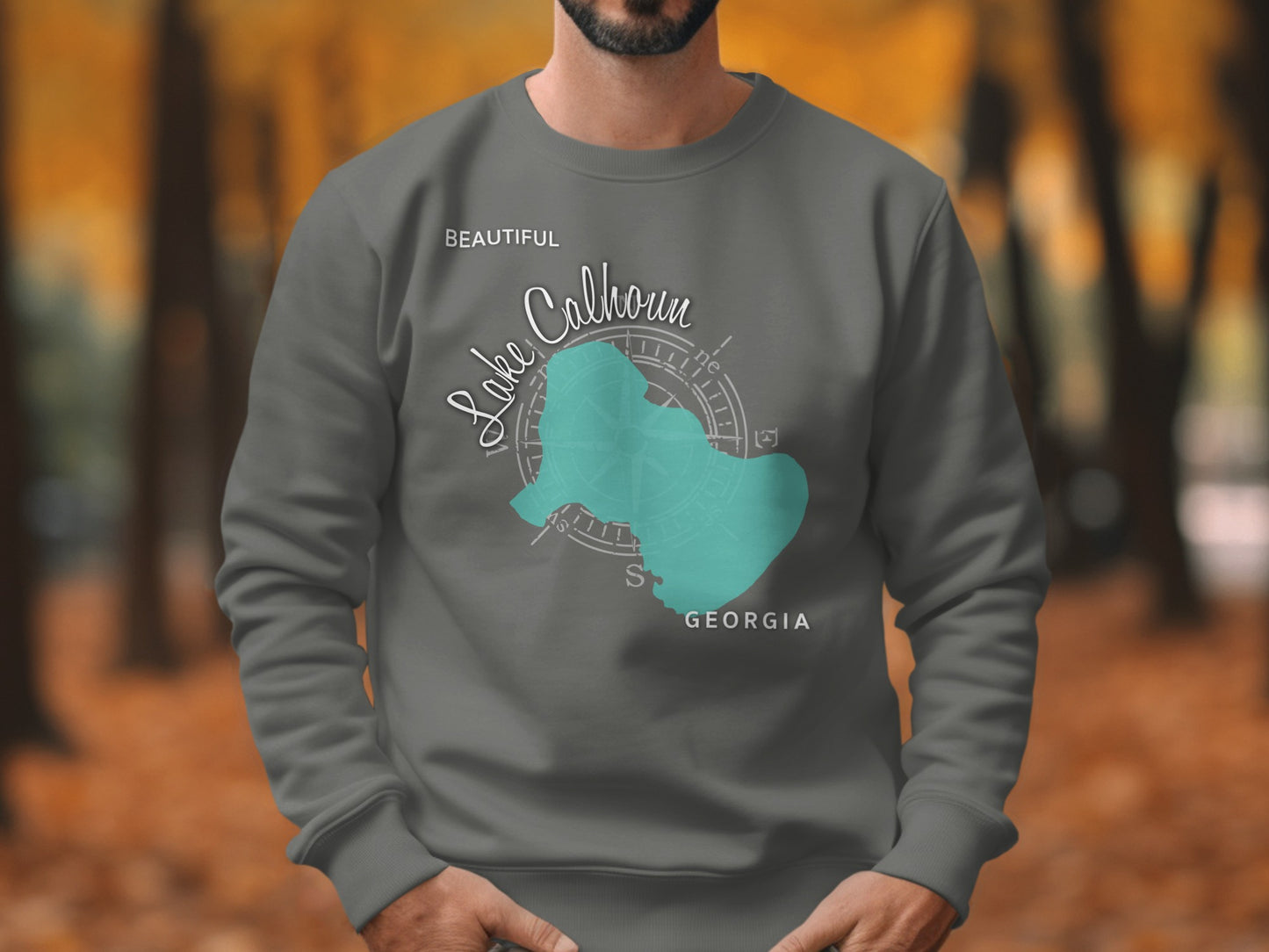 Dark gray sweatshirt with "Beautiful Lake Calhoun Georgia" map design.