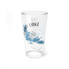 Clear glass pint glass with blue trees, compass, and "Rainy Lake Minnesota" text.