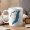 White mug with "Redfish Lake Idaho" design featuring a blue lake outline and compass rose.