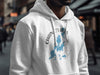 White hoodie with a blue map of Chain O'Lakes, Illinois, and a compass design.