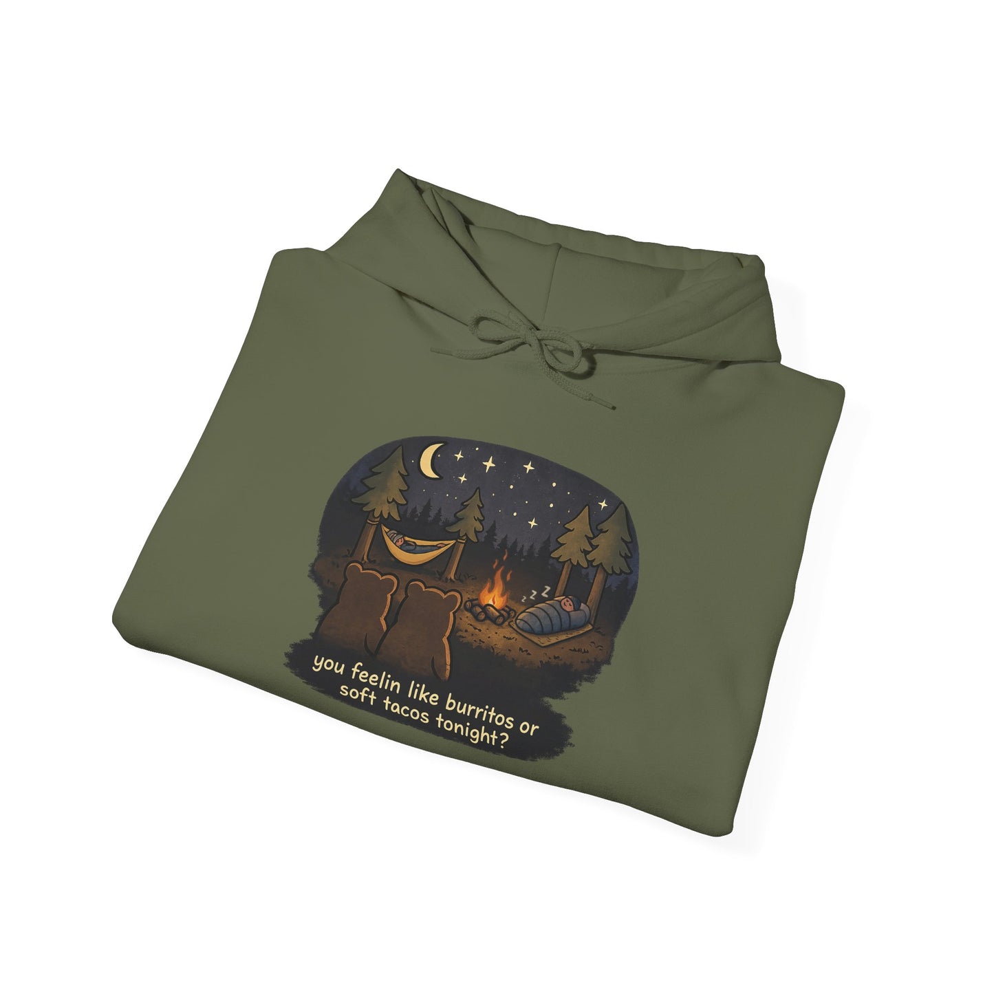 Campfire Bears Humor Hoodie, People in Sleeping Bags are Bear Burritos and Tacos Joke, Camping Hiking Smores Bonfire Apparel